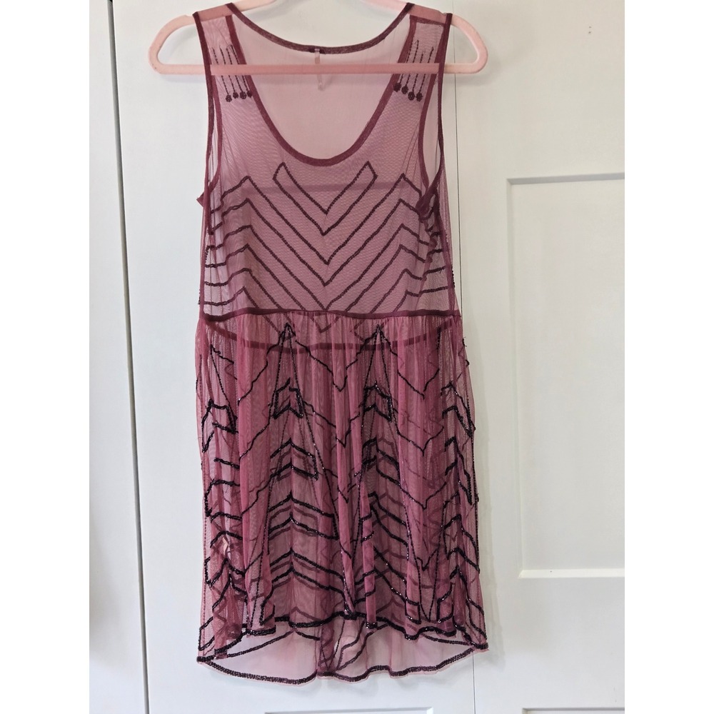 Free People Mauve Mesh Beaded Chevron Drop Waist Sleeveless Mini Dress Small - Picture 6 of 11